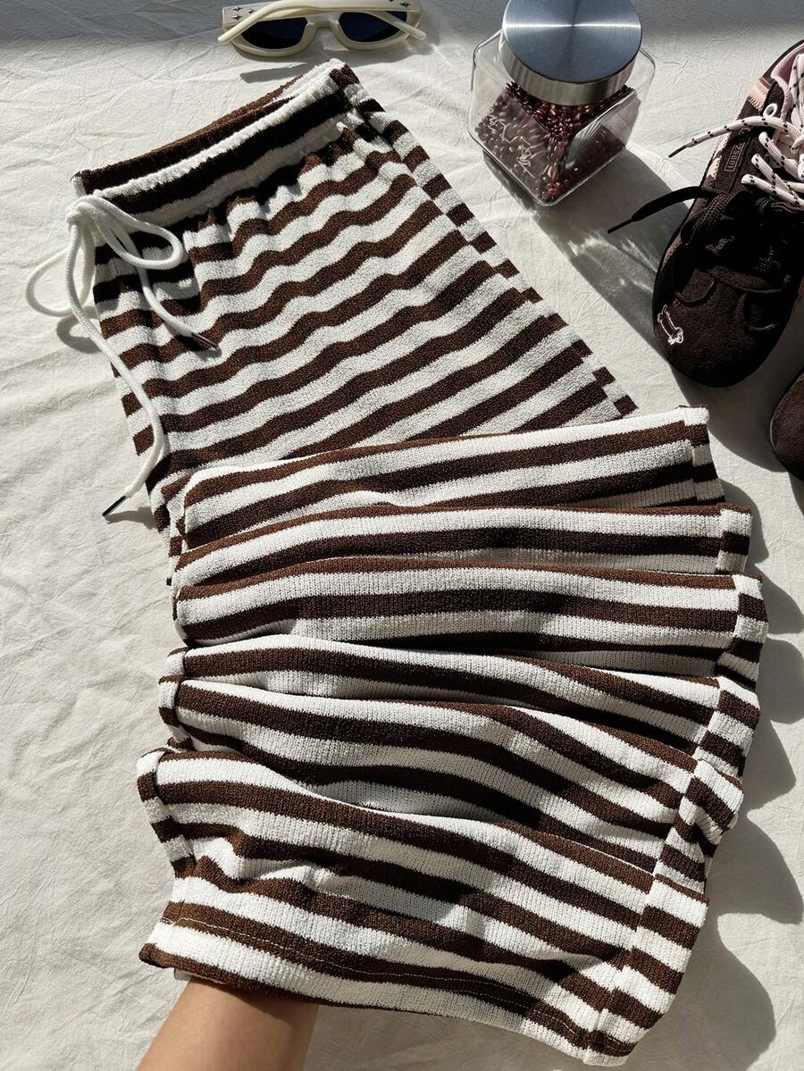 Comfortcana 加大码黑白条纹休闲抽绳裤，秋冬款 - 咖啡棕 - 查看 1