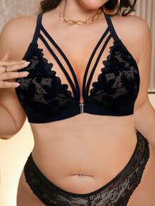 SHEIN 1 pieza Sujetador inalámbrico de encaje con cierre delantero para tallas grandes - Negro - Ver 4