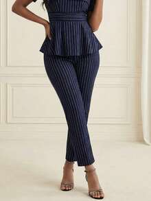 Anewsta Women's Elegant Navy Blue Glitter Striped Pencil Pants - Blue - View 1