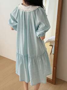 DAZY Cute Lace-Up Contrast Peter Pan Collar Pleated Lantern Sleeve Loose Women Nightgown - Blue - View 2