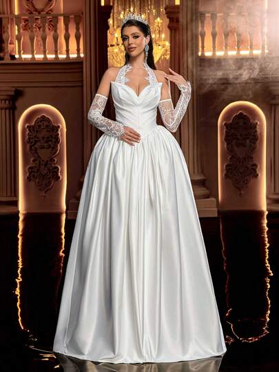 Glamrae Elegante y lujoso vestido de satén con diseño de pliegues 3D y parches de encaje bordado francés, adecuado para diversas ocasiones como vestidos de novia y vestidos de gala