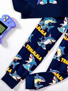 SHEIN GraphicGems 一套男童Tralalero Tralala可爱卡通鲨鱼印花修身睡衣套装，长袖上衣和裤子，时尚清爽，春秋季 - 灰色 - 查看 4