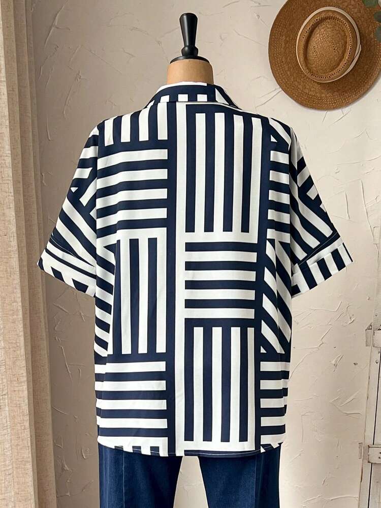 Plus Size Summer Casual Everyday Striped Front Button Loose Shirt/ Vacation Summer Top Spring Country Style For Women