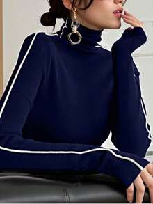 EMERY ROSE Women's Casual Rib Knit Blue Long Sleeve High Neck Plus Size T Shirt - Blue - View 3