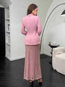 Modelyn Women's Elegant Commuter Mandarin Collar Double-Breasted Blazer And Skirt Suit Set, Autumn - Pink - View 5