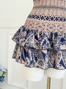 Elamini Women's Floral Print Ruffle Hem Strapless Mini Dress, Vacation Style - Navy Blue - View 5