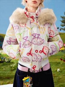 Teletubbies X ROMWE Women's Autumn/Winter Warm Patchwork Faux Fur Trim Hooded Padded Coat