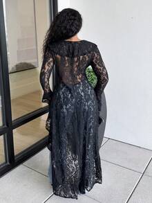 Alexandranx Glamine Spring & Summer Romantic Vacation Ruffled Elegant Lace See-Through Women's Long Thin Coat Western Wear Women Lace Coat Lace Women Halloween Lace Top Fall Winter Coat For Women, Christmas - Black - View 2