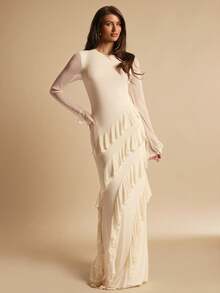 SHEIN BAE Cream White,Autumn,Elegant,Formal Women's High Neck Bodycon Ruffle Hem Long Sleeve Midi Dress,Suitable For Cocktail Party,Bridesmaid & Date - Apricot - View 4