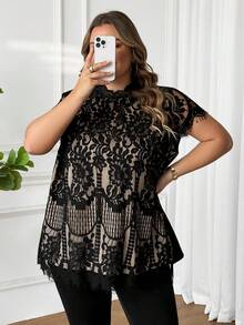 SHEIN CURVE+ 大码优雅蕾丝拼接雪纺衬衫 - 黑色 - 查看 7