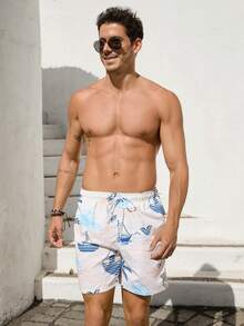 Manfinity RSRT 男士棕榈树图案印花沙滩短裤泳池短裤，适合海滩、度假、夏威夷风情 - 杏色 - 查看 5