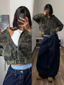 StreetHx Women's Fashion Casual Street Style Zip-Up Hooded Jacket With Pockets, Camouflage Denim - Multicolor - View 1