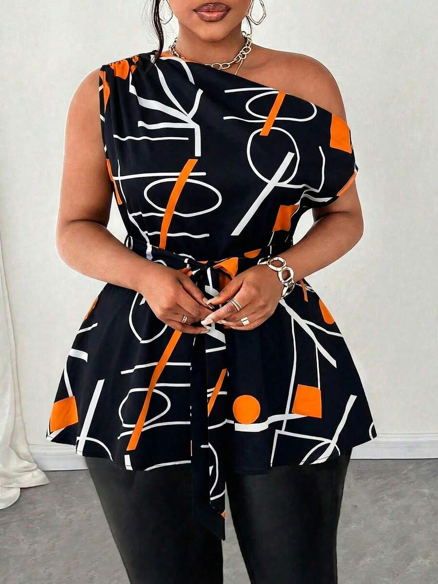 Maweii 大码女式无袖不对称下摆系带性感衬衫，不对称图案，休闲度假装，黑色衬衫 - 彩色 - 查看 1