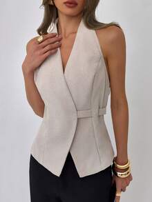 Aloruh 女士休闲/办公通勤简约纯色燕麦色露背吊带衫，夏季 - 卡其色 - 查看 1