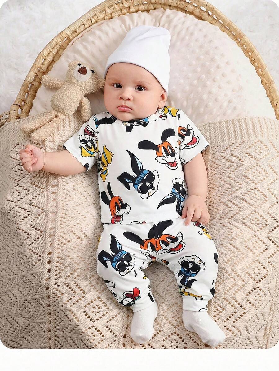 SHEIN 2pcs Baby Boy Cute Bear Pattern Short Sleeve Knit Pajama Set - Multicolor - View 1