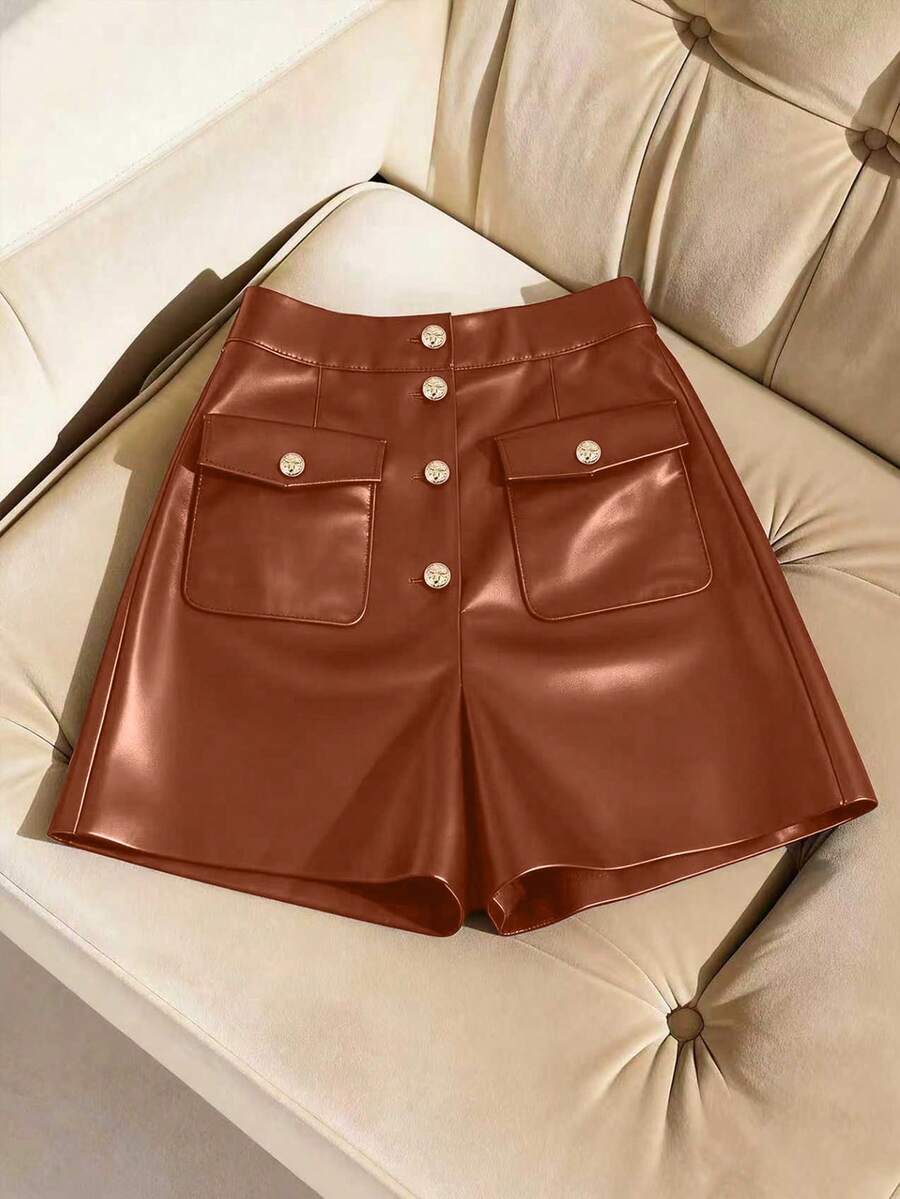 SHEIN Franclia 女士纯色纽扣前袋PU皮革休闲短裤 - 橘色 - 查看 1