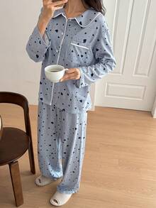DAZY Heart Pattern Contrast Trim Women Pajama Set - Blue - View 4