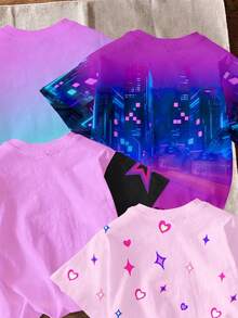SHEIN 4pcs/Set Young Girl Casual Cartoon Pattern Round Neck Short Sleeve Basic T-Shirts, Suitable For Spring & Summer - Multicolor - View 8