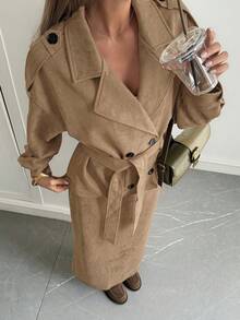 Livesso Women's Solid Color Notched Collar Double-Breasted Tie Waist Long Sleeve Jacket And Skirt 2-Piece Set, French Chic Street Style - Khaki - View 5