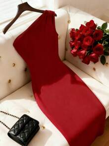 Franclia 女士性感优雅丝绒单肩褶皱收腰修身优雅日常通勤时尚法式街头复古百搭圣诞派对新年假日商务酒红色长袖连衣裙，秋冬款 - 酒紅色 - 查看 2