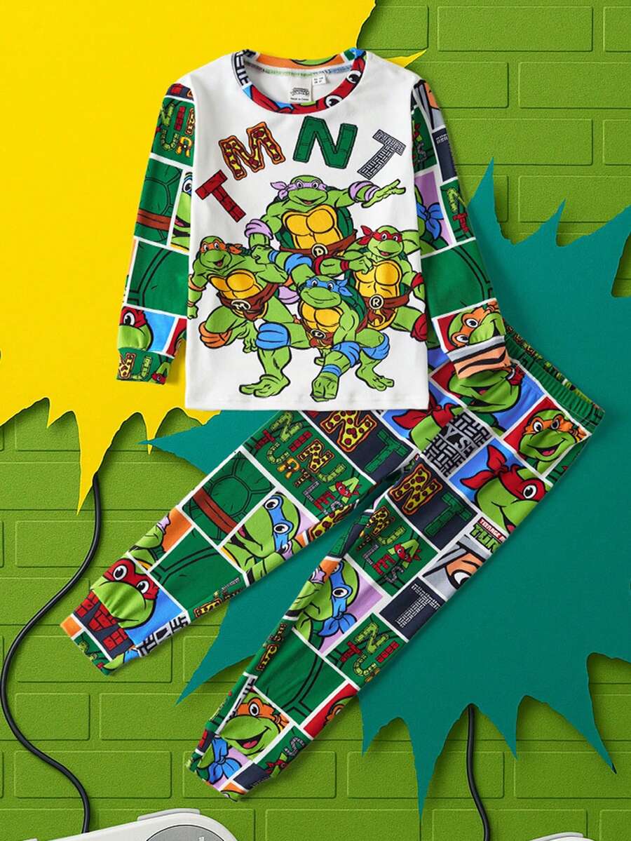 TEENAGE MUTANT NINJA TURTLES | SHEIN 男童卡通海龟字母印花长袖上衣和裤子舒适贴身睡衣套装，春秋季 - 綠色 - 查看 1
