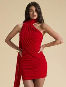 SHEIN BAE Red Solid Color Ruched Halter Tie Waist Mini Dress, Vacation Beach Mini Dress - Red - View 7