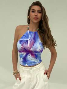 Aloruh Women's Fashion Print Fitted Halter Beaded Cropped Tank Top, Summer Backless - Blue - View 4