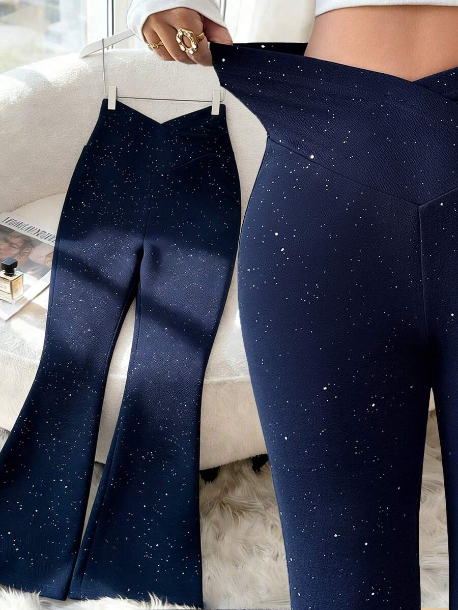 SHEIN Elenzya Women's Casual, Commute, Holiday Asymmetric Waist Slim Fit Solid Color Flare Pants, 2025 New Arrival - Navy Blue - View 1