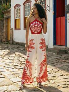 CAJUNI Tropical Parrot Print Halter Backless Bodysuit - Red - View 1