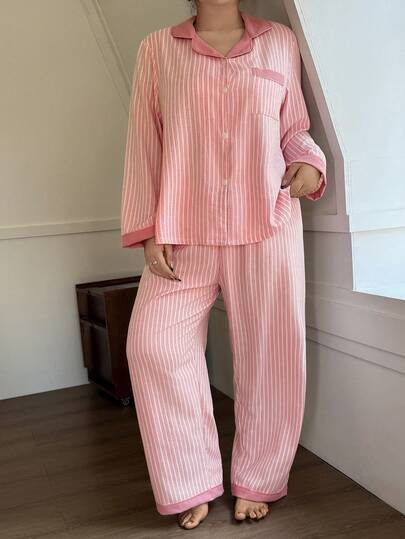 Dream Adore 大码女式粉色条纹翻领开衫睡衣套装