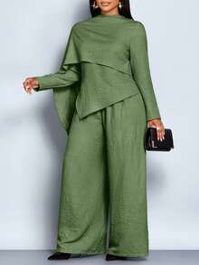 SOLERSUN 大码女装时尚新款优雅休闲纯色围巾披肩斗篷上衣搭配阔腿裤，适合日常、购物、感恩节等场合穿着，上衣采用不对称下摆设计，浅卡其色梭织面料 - 軍綠色 - 查看 5