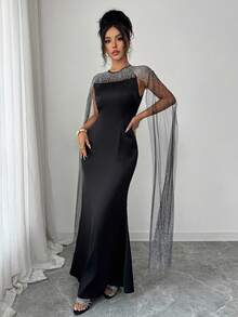 Elenzga Women's Elegant Luxurious Evening Dress, Black Satin Strapless Waist Cinched Long Sleeve Dress, Suitable For Parties And Galas - Black - View 4