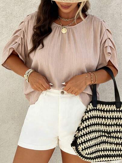 Weeklong Plus Size Women's Round Neck Ruched Sleeve Loose Casual Shirt, Spring/Summer