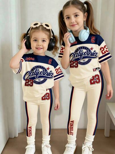 SHEIN Young Girl Letter & Number Print Round Neck Short Sleeve T-Shirt And Leggings Casual Outfit, Suitable For Spring/Summer School, Sports, Outdoor, Casual Wear