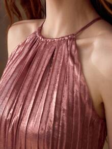 MOTF PREMIUM FASHIONABLE METAL COATED PLEATED HALTER NECK MIDI DRESS - Pink - View 5