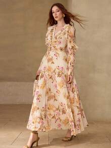 MOTF PREMIUM WOMEN'S ELEGANT PLEATED RUFFLE TRIM MIDI DRESS, SPRING/SUMMER - Apricot - View 1