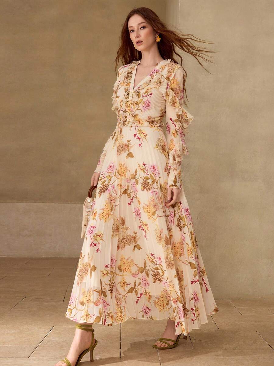 MOTF PREMIUM WOMEN'S ELEGANT PLEATED RUFFLE TRIM MIDI DRESS, SPRING/SUMMER - Apricot - View 1