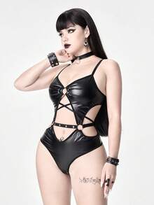 ROMWE Women's Gothic Punk Eyelet Lace-Up Sexy Bodysuit - Black - View 3