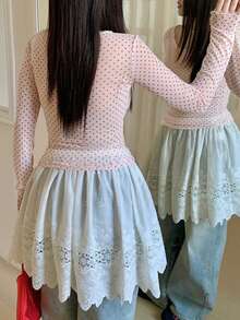 DAZY 女士波点薄纱长袖圆领打底衫，春夏款 - 淺粉色 - 查看 4