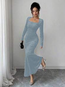 Elenzga Women's Turtleneck Velvet Gold Elastic Knit Bodycon Dress, Elegant Ruched Mermaid Hem Midi Dress For Commute, Date, Party - Baby Blue - View 6