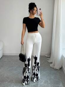 Rafferiza Women's Floral Print Drawstring Waist Casual Versatile Wide Leg Pants, Suitable For Daily Wear - Black - View 1