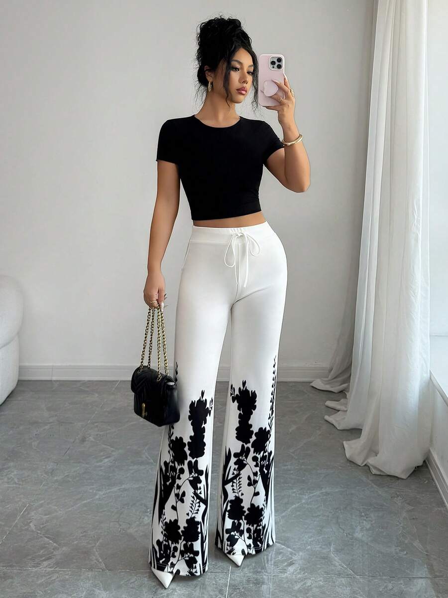 Rafferiza Women's Floral Print Drawstring Waist Casual Versatile Wide Leg Pants, Suitable For Daily Wear - Black - View 1