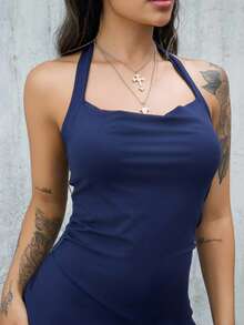 Rayane Ketlyn 針織露背連衣裙修身版型,適合女性身材 - 藏蓝色 - 查看 3