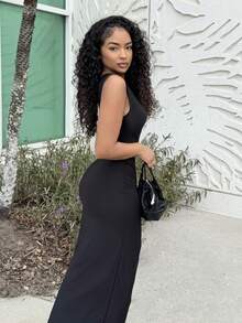 Alexandranx 女式纯黑色不对称肩部褶饰紧身连衣裙，夏季 - 黑色 - 查看 4