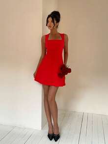 Aloruh Vestido de mezclilla de diseño sin espalda y sin mangas de unicolor de moda para mujer - Rojo - Ver 7