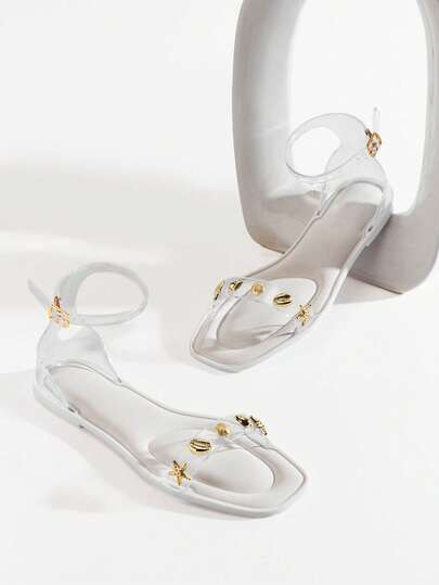 Solezae Sandalias de gelatina transparente con espuma de memoria, decoración de conchas y estrellas de mar - Comodidad lista para la playa para mujeres #ResortMood