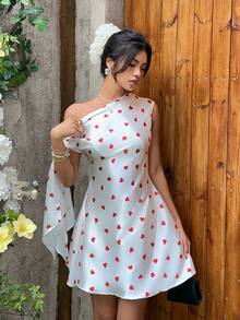 MainGRL Women's Elegant Heart Print Asymmetric-Shoulder Waist Cinched Dress, Summer - White - View 4