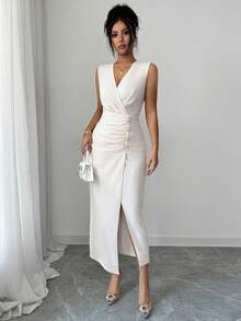 Elenzga 女士新款V领腰部褶皱不对称下摆开衩独特设计高端优雅教师服百搭时尚连衣裙 - 杏色 - 查看 4