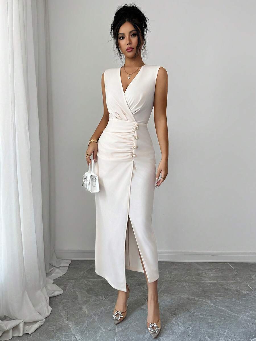 Elenzga 女士新款V领腰部褶皱不对称下摆开衩独特设计高端优雅教师服百搭时尚连衣裙 - 杏色 - 查看 1