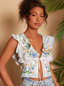 Travachic Floral Print Knotted Casual Vacation Ruffle Hem Shirt - Multicolor - View 3